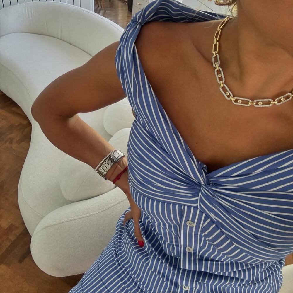 MANGO Blue White Striped Off Shoulder Midi Dress NWT Cotton Button Front - Picture 10 of 16